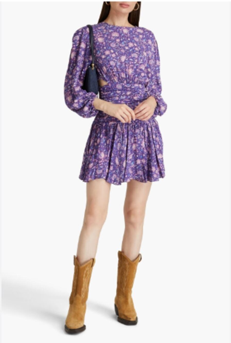 Maje Roleta Purple Floral Cut Out Balloon Sleeve Mini Dress EU 36 US S NEW